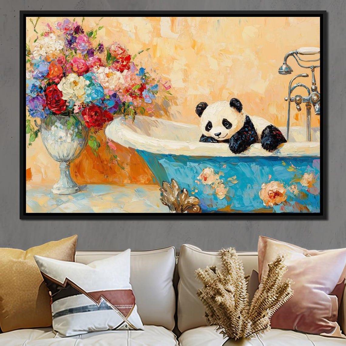 Cute Panda Relaxing In Blue Floral Bathtub Whimsical Animal Wall Art - Image 2