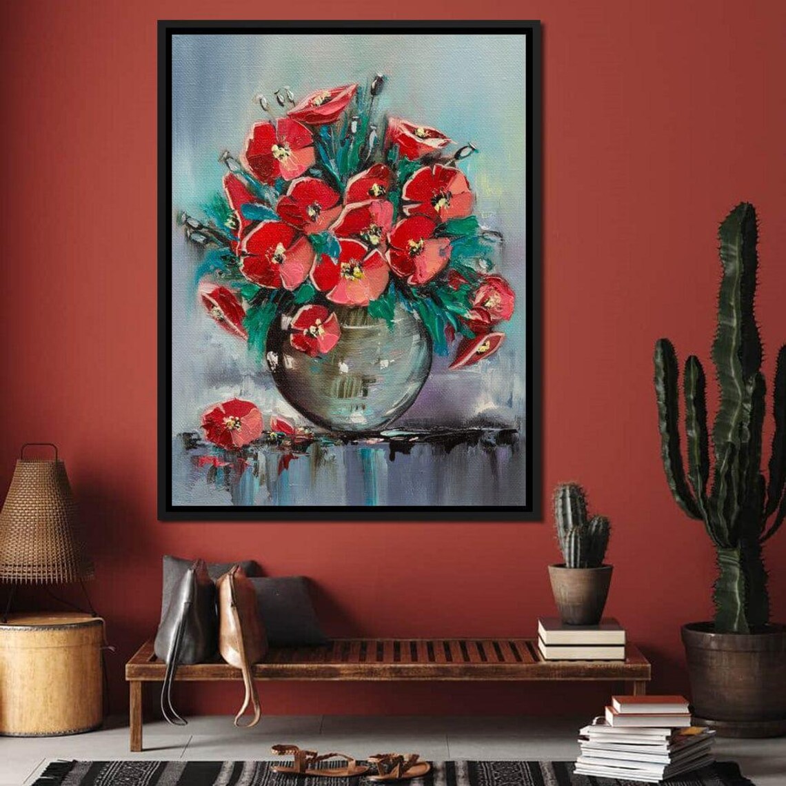 Red Poppy Bouquet Glass Vase Oil Painting Bold Floral Art Poster