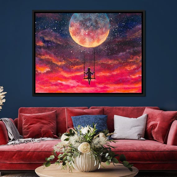 Moon Swing Fantasy Artwork Girl On Swing Colorful Sky Celestial Decor Starry Night Print Surreal Wall Art By Nichecanvas