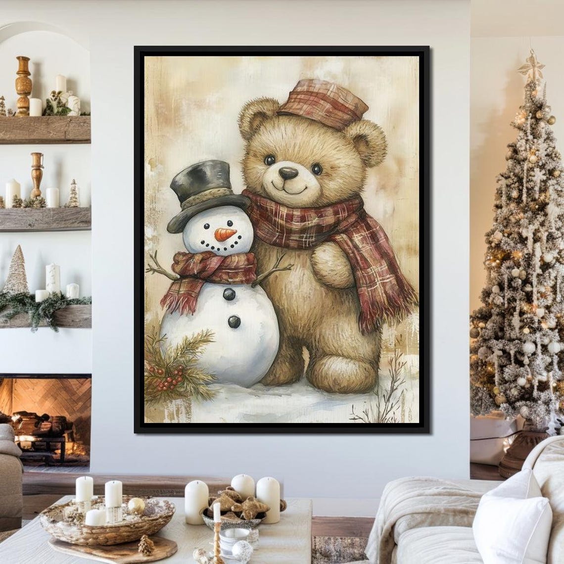 Teddy Bear And Snowman Friends Vintage Christmas Holiday Poster