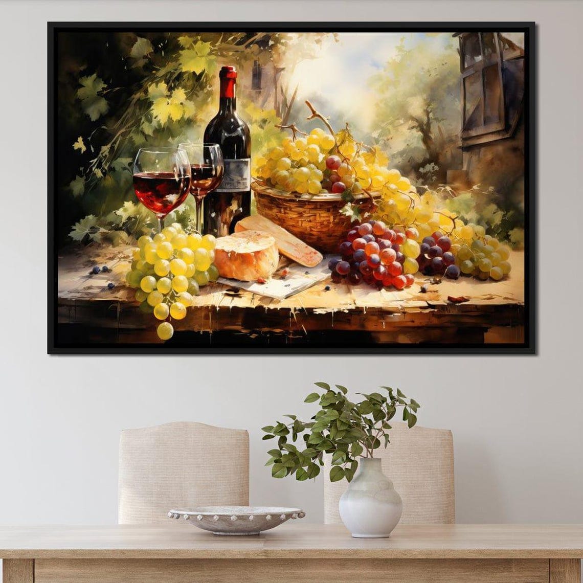 Sunlit Vineyard Wine Grapes Bread Basket Rustic Still Life Wall Art - Image 3