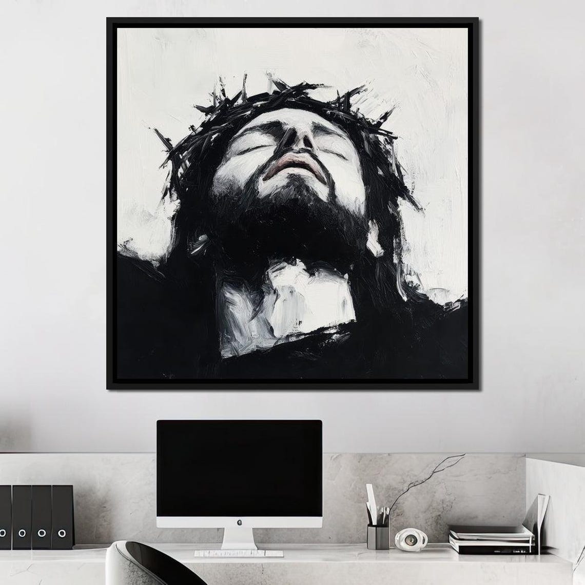 Jesus With Crown Of Thorns Black White Spiritual Faith Portrait Poster - Image 2