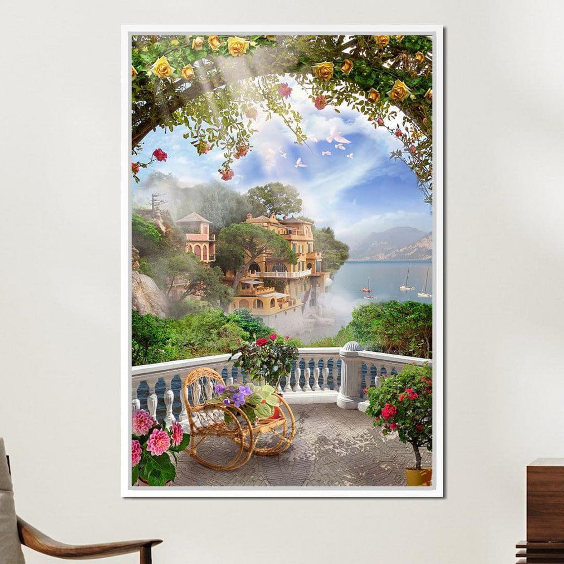 Mediterranean Rose Terrace Overlooking Bay Scenic Travel Poster - Image 2
