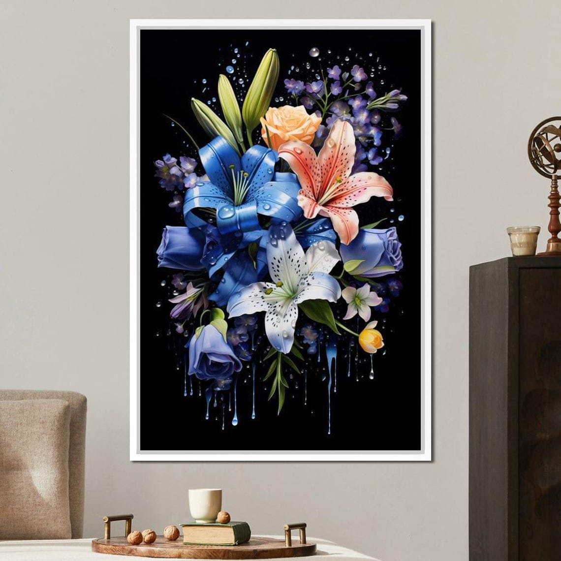 Blue and Orange Lily Bouquet with Water Drops on Black Floral Poster - Image 2