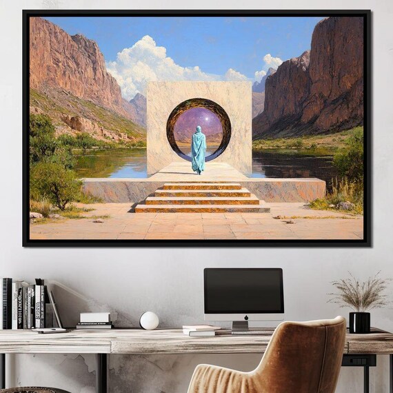 Stone Portal Desert Canyon River Robed Figure Surreal Journey Poster