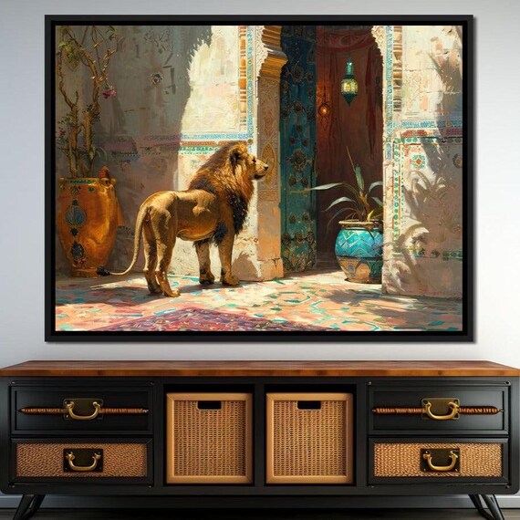 Majestic Lion Standing Moroccan Courtyard Sunlit Mosaic Tiles Art Poster