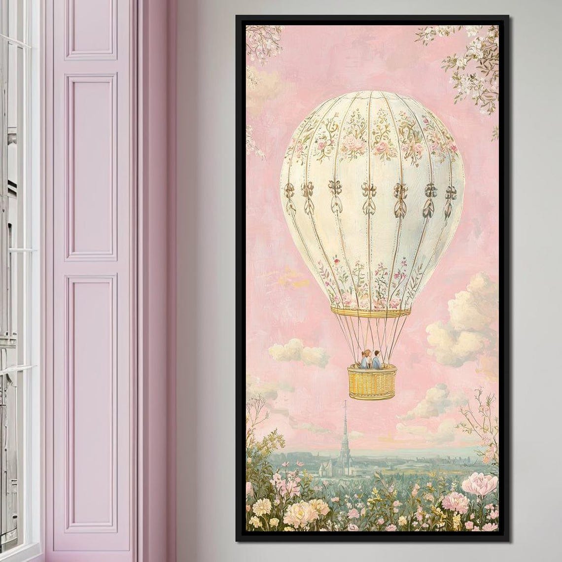 Dreamy Pastel Hot Air Balloon Pink Sky Floral Romantic Adventure Print - Image 2