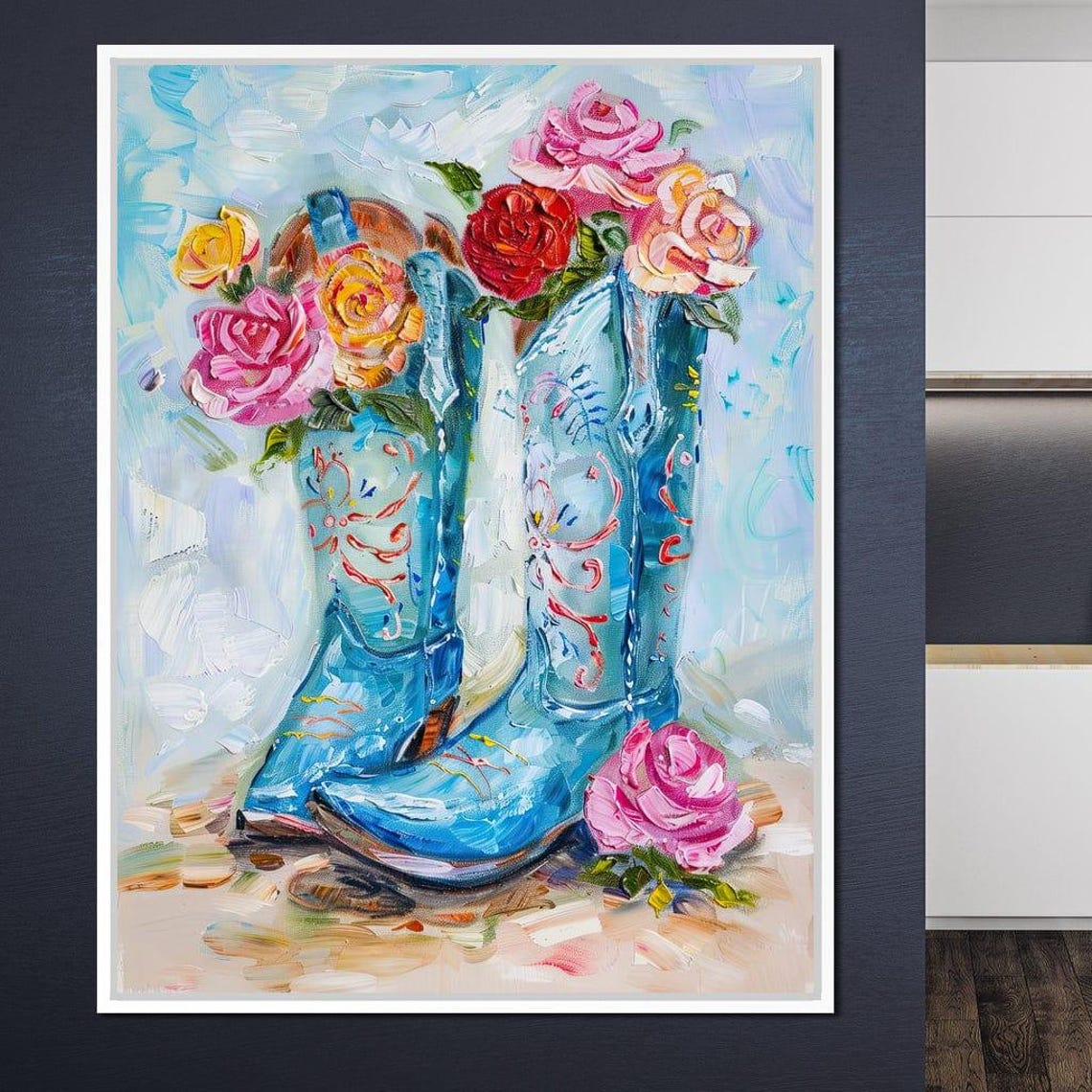 Blue Cowboy Boots Colorful Roses Floral Western Impressionist Wall Art