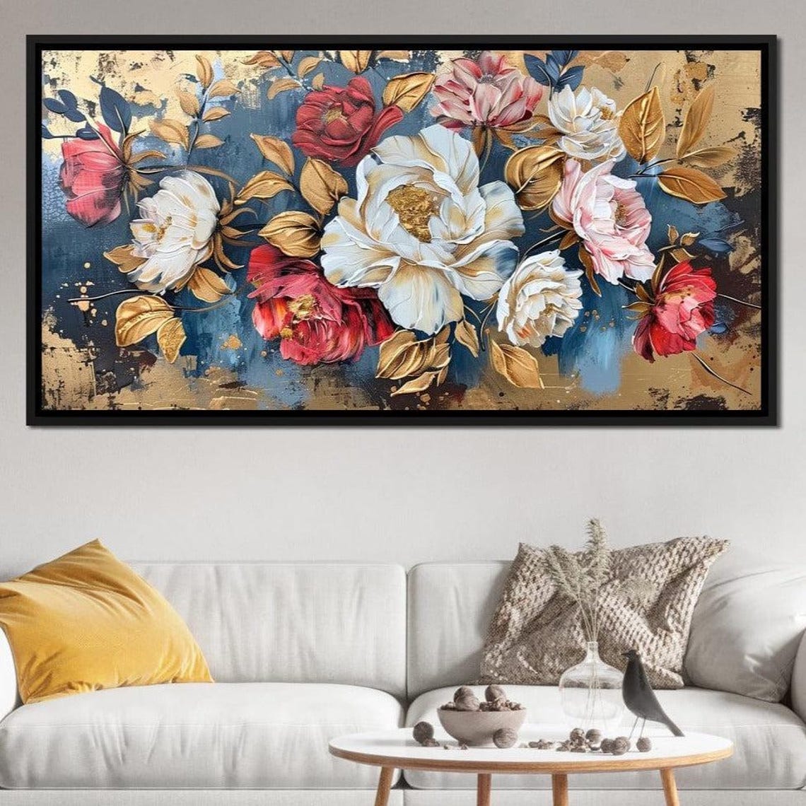Peony Rose Bouquet Gold Leaves Five Panel Floral Wall Art Poster - Image 3