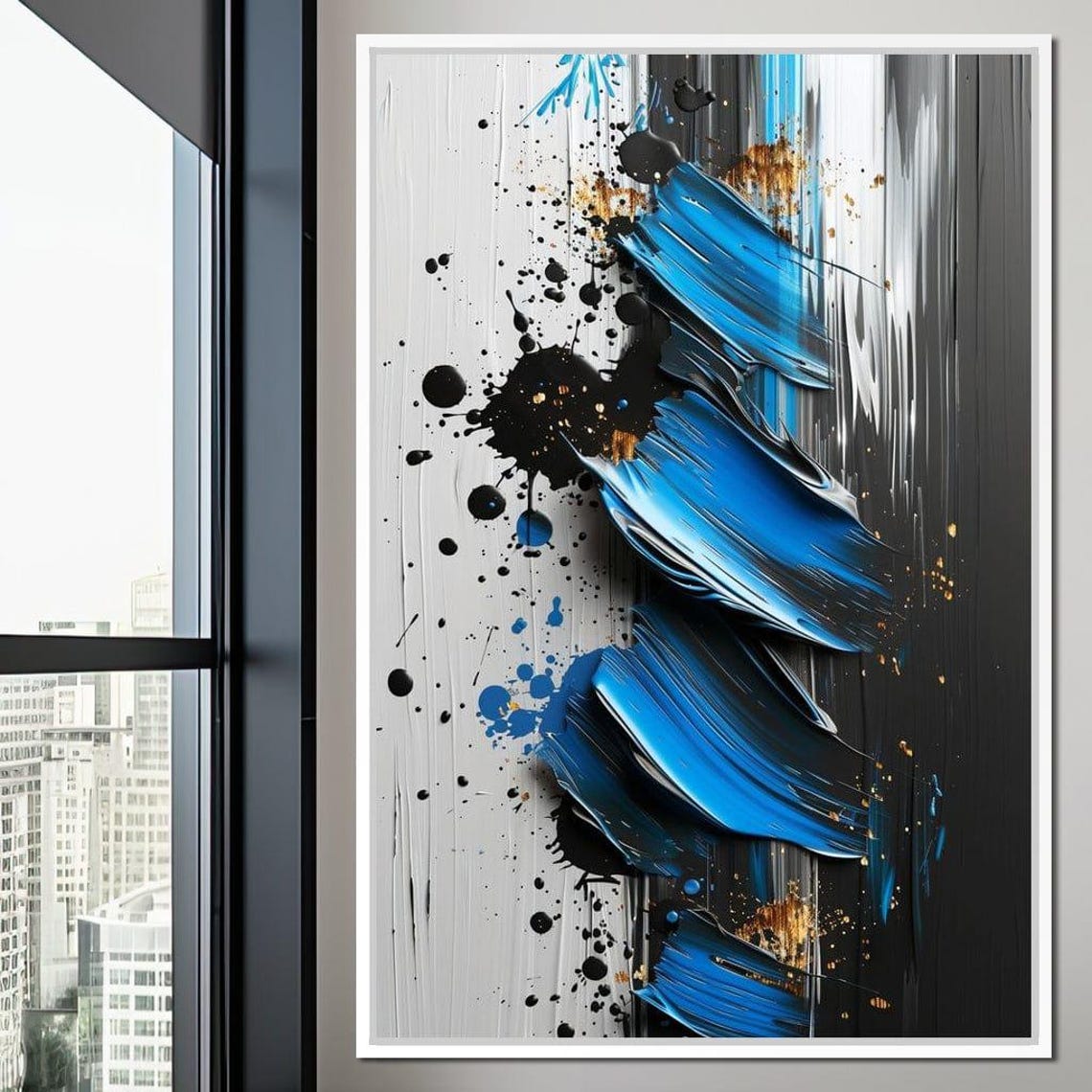 Blue Black White Abstract Art Bold 3D Brushstroke Splatter Wall Poster - Image 4