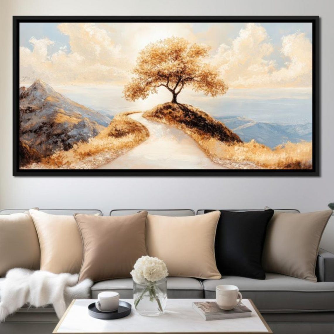 Golden Tree On Winding Mountain Path Scenic Sunset Landscape Poster