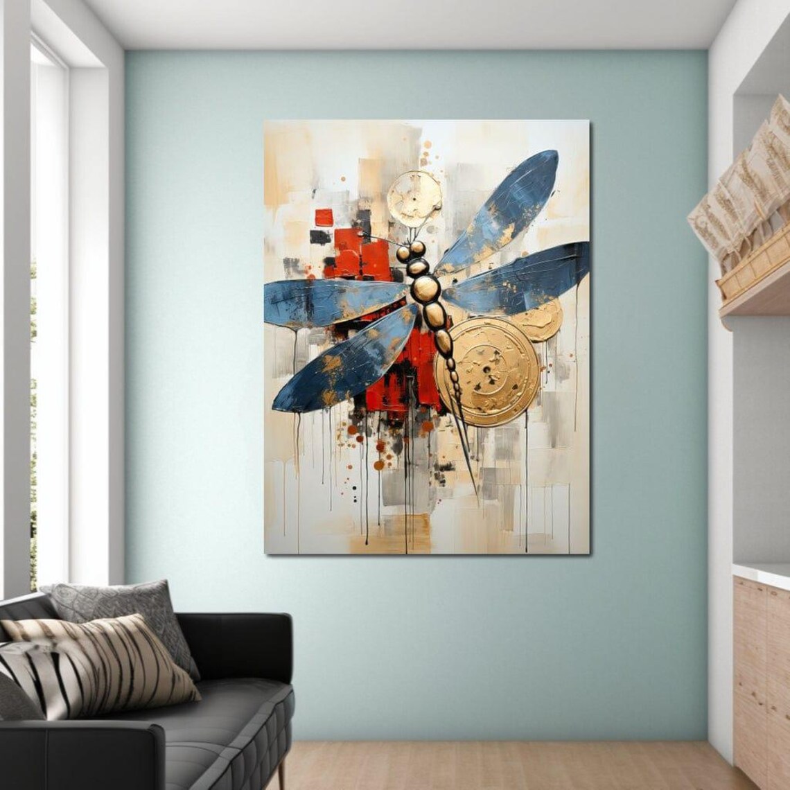 Blue Winged Dragonfly Gold Circles Abstract Modern Nature Art Poster - Image 3