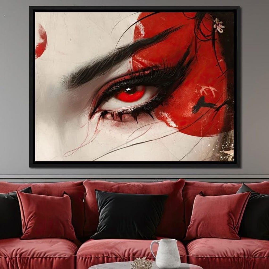 Crimson Gaze Geisha Eye Close Up Red Iris Ink Brush Japanese Poster