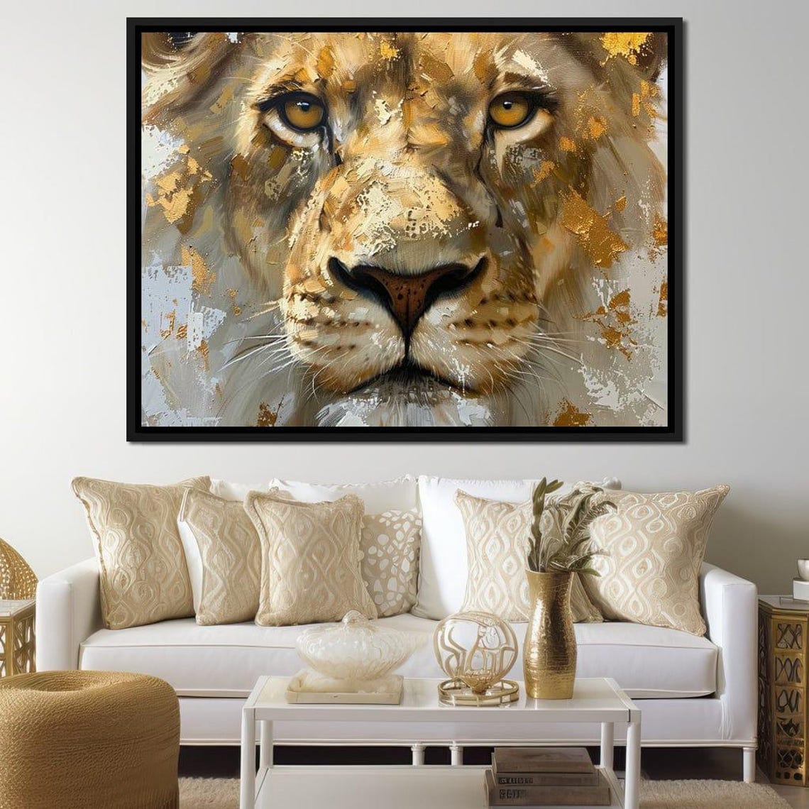 Majestic Lion Face Close Up Gold Splashes Amber Eyes Wall Art - Image 4