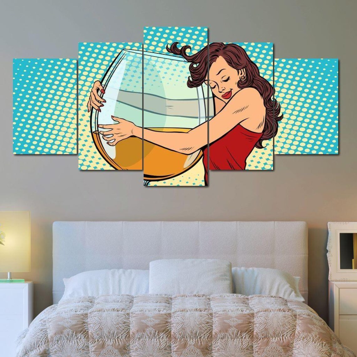 Pop Art Woman Hugging Giant Wine Glass Teal Polka Dot Fun Kitchen Poster - Image 3