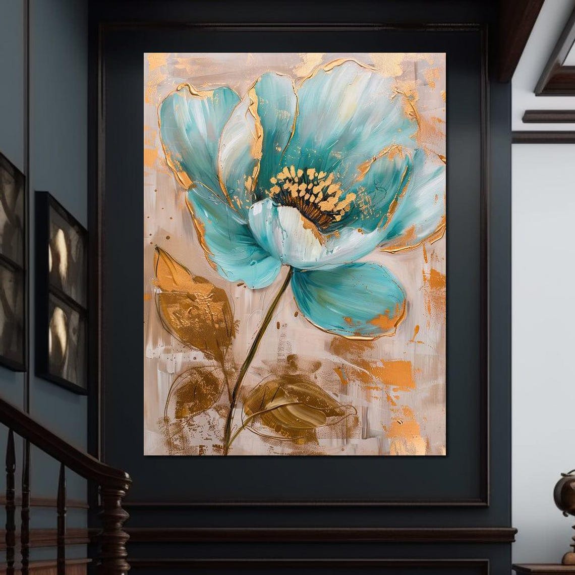 Teal Flower With Gold Accents Modern Botanical Abstract Wall Art Print - Image 4