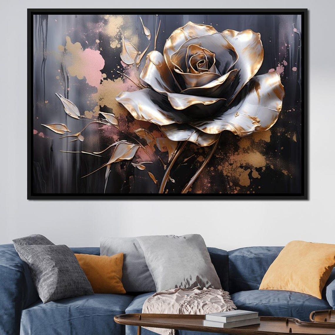 Metallic Gold Silver Rose Black Abstract 5 Panel Floral Wall Art - Image 2