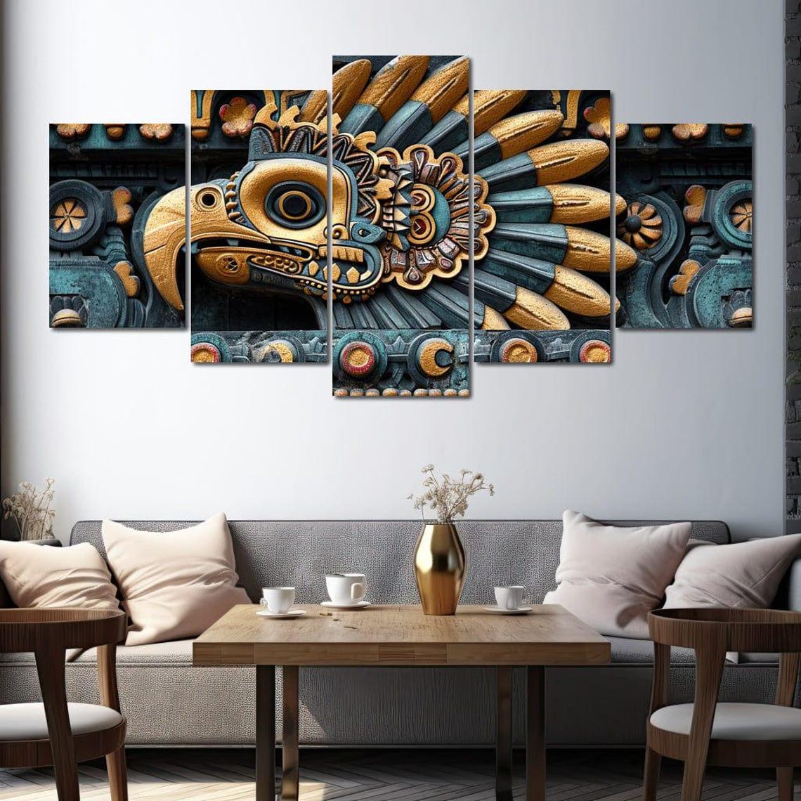 Aztec Sun Bird Relief Teal Gold Tribal Carving Cultural Art Poster - Image 4