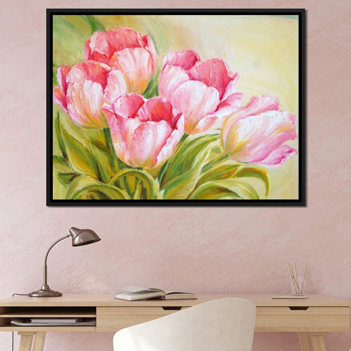Pink Tulips Oil Painting Soft Yellow Green Spring Floral Print - Image 2
