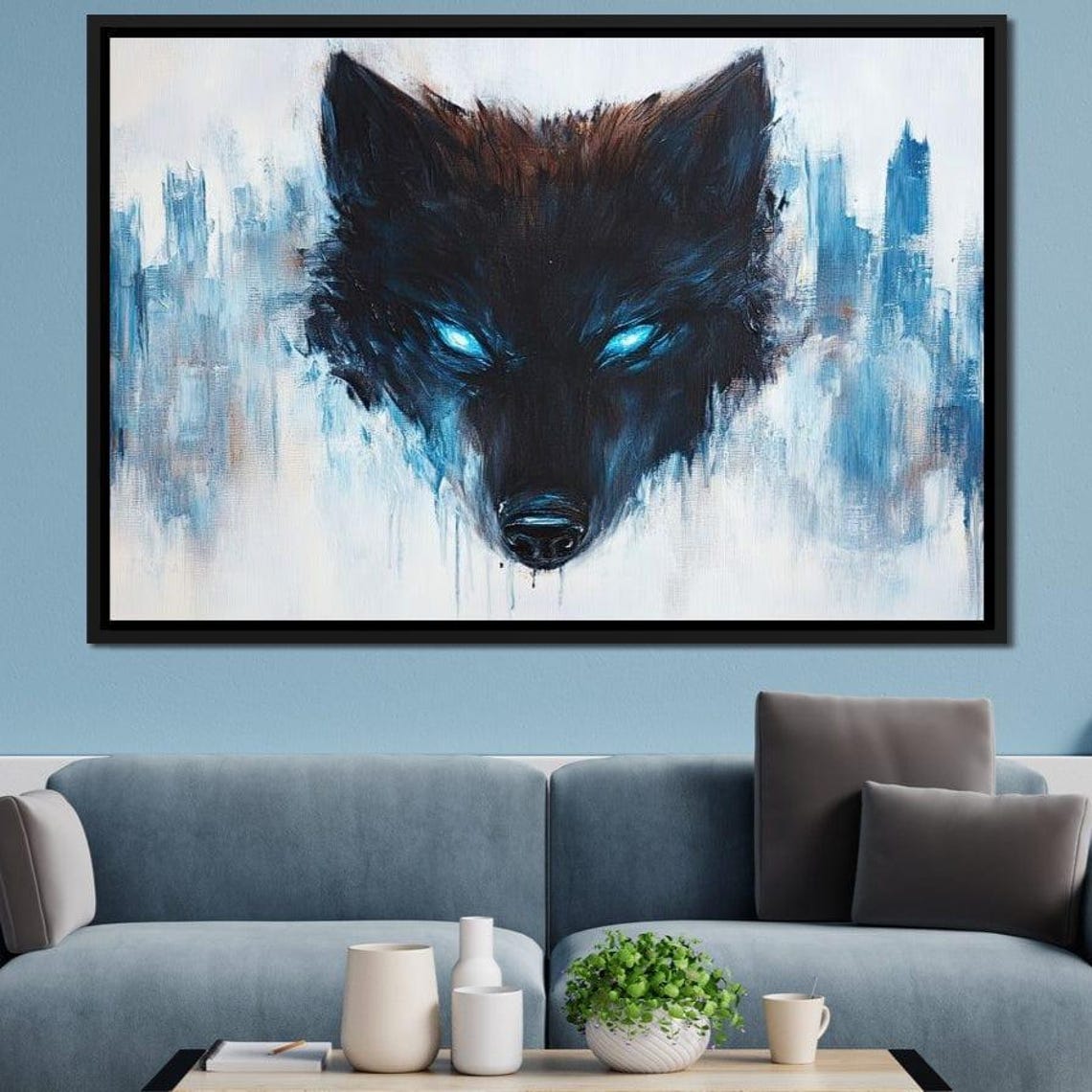 Black Wolf Glowing Blue Eyes Mystical Abstract Wildlife Wall Art - Image 4