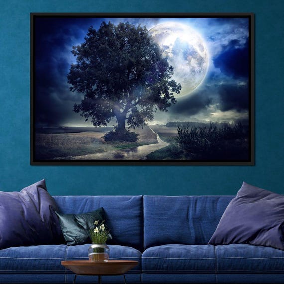 Giant Moon Summer Night Moonlit Landscape Dreamy Decor Ethereal Night Sky Fantasy Scene Serene Wall Art By Nichecanvas