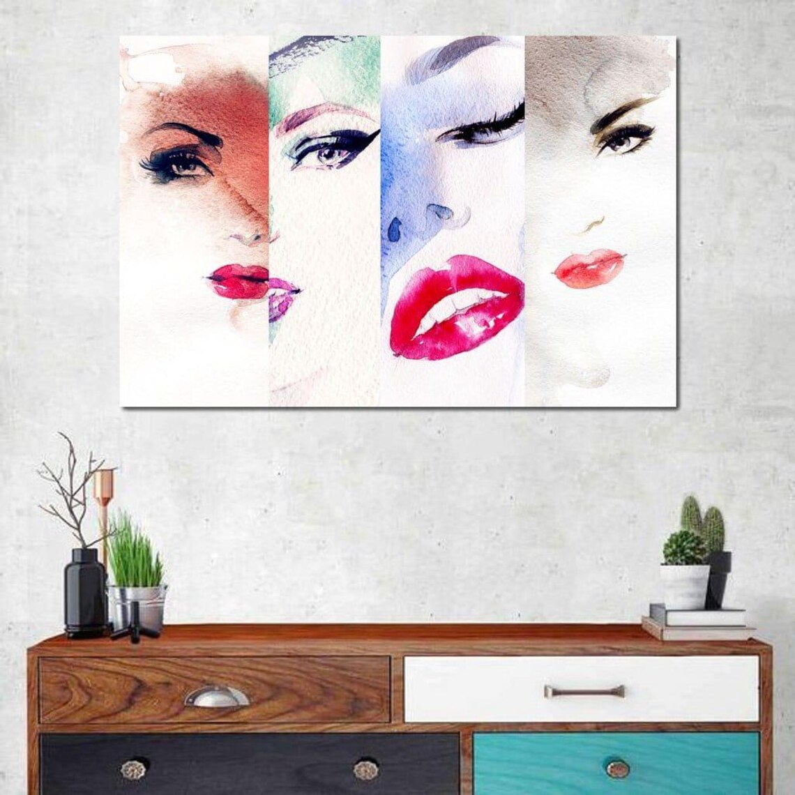 Four Women Faces Watercolor Red Lips Pop Art Makeup Portrait Collage Poster - Image 3