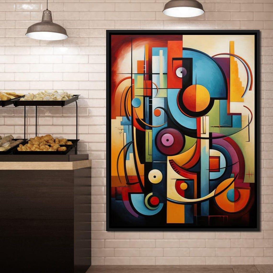Multicolor Cubist Geometric Circles Framed Modern Abstract Wall Art
