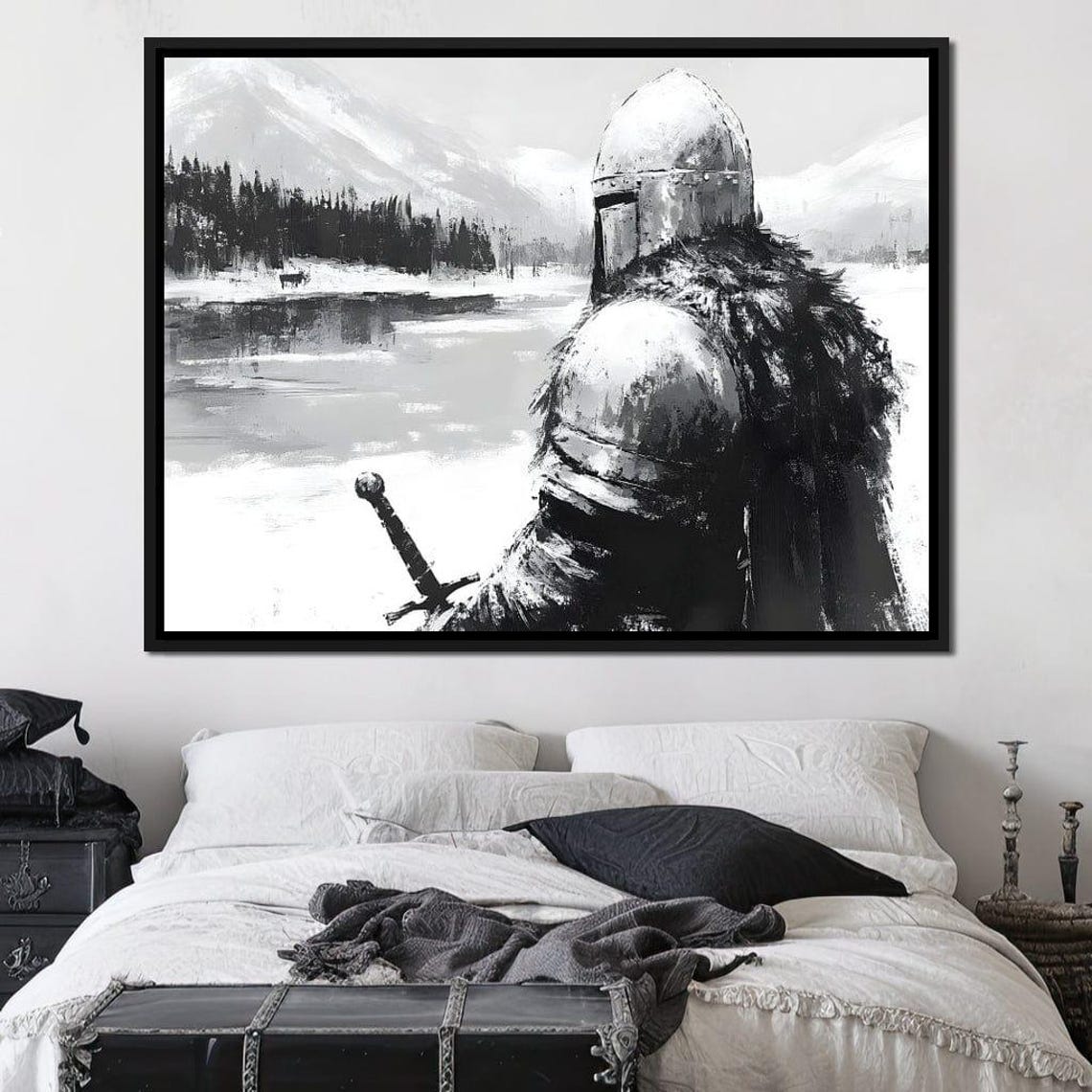 Lone Knight By Frozen Lake With Sword In Winter Fantasy Poster
