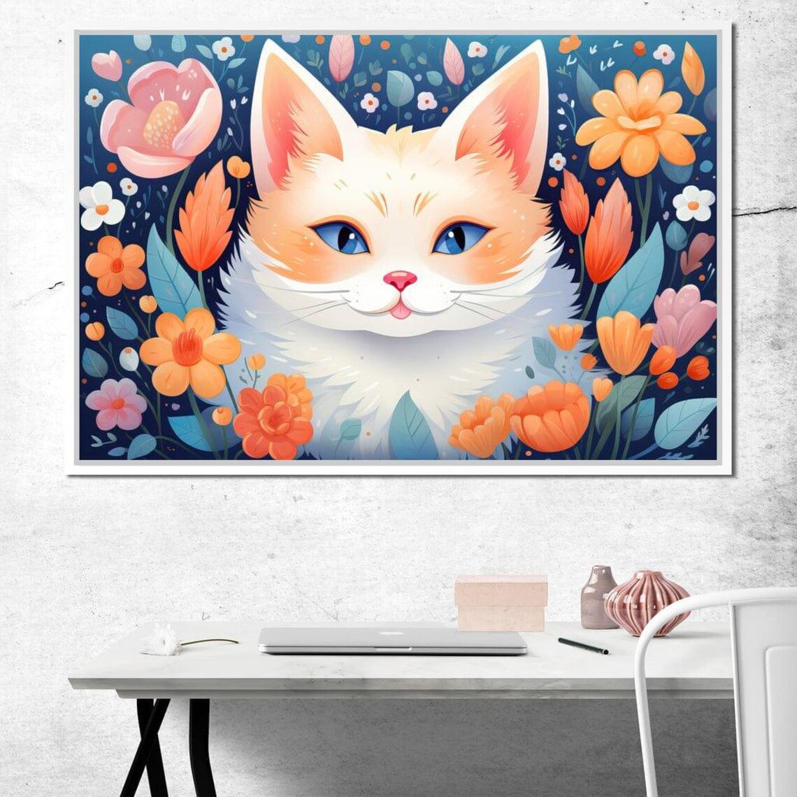 Adorable Kitten Among Orange Pink Flowers Dark Blue Pet Art Poster