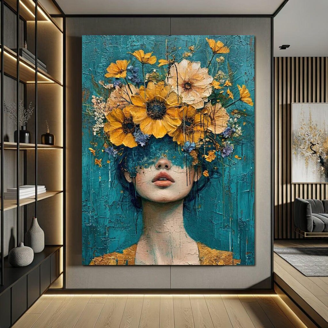 Sunflower Bloom Veil Woman Teal Floral Surreal Portrait Wall Art - Image 4