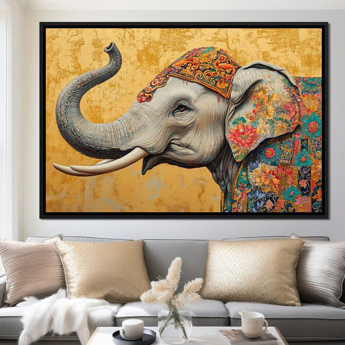 Elephant With Ornate Floral Headdress Gold Background Boho Art Poster - Image 4