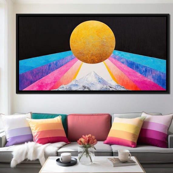 Golden Horizon Radiance Vibrant Abstract Mountain Sunset Art Colorful Home Decor Bold Modern Wall Art By Nichecanvas