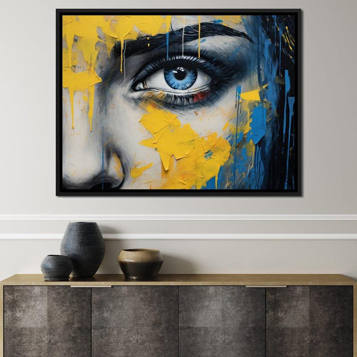 Blue Eye Yellow Graffiti Drips Urban Contemporary Eye Portrait Print - Image 4