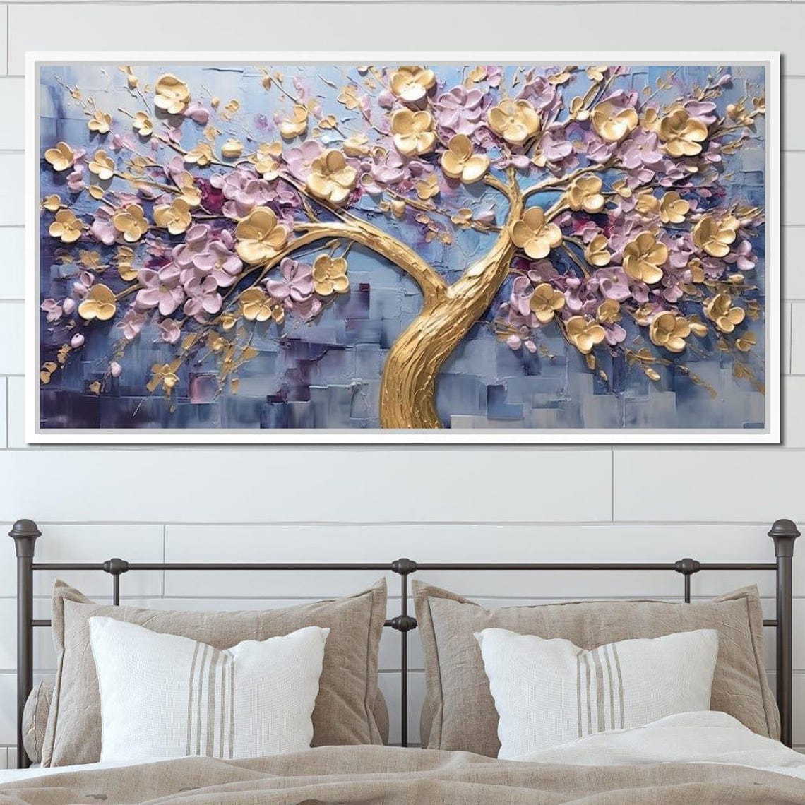 Golden Flowering Tree Blossom 3D Impasto Texture Blue Wall Art Print - Image 3