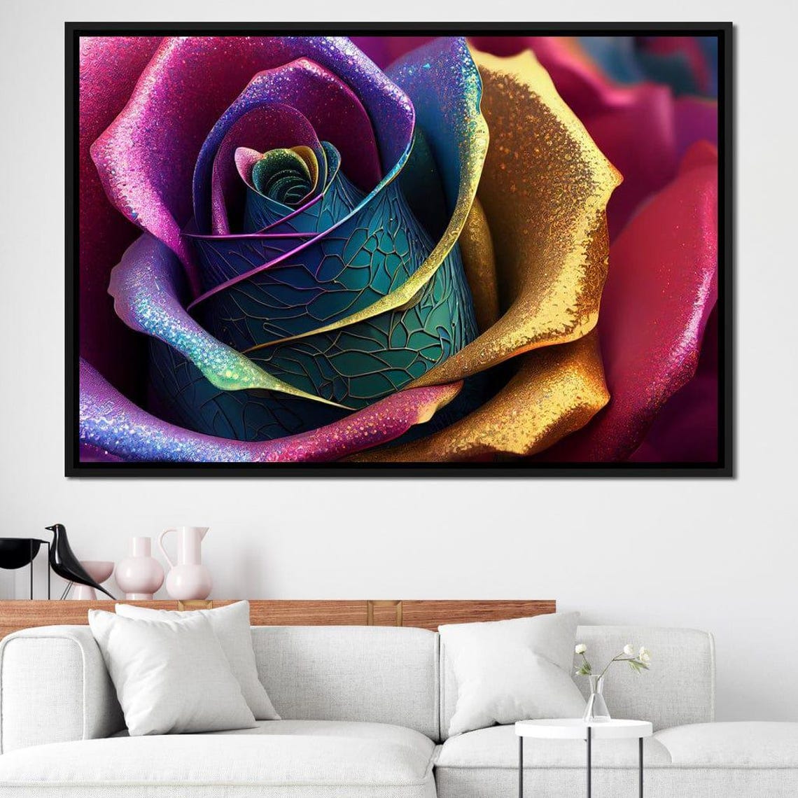 Rainbow Rose Close Up Glitter Petals Vibrant Floral Wall Art Poster - Image 4