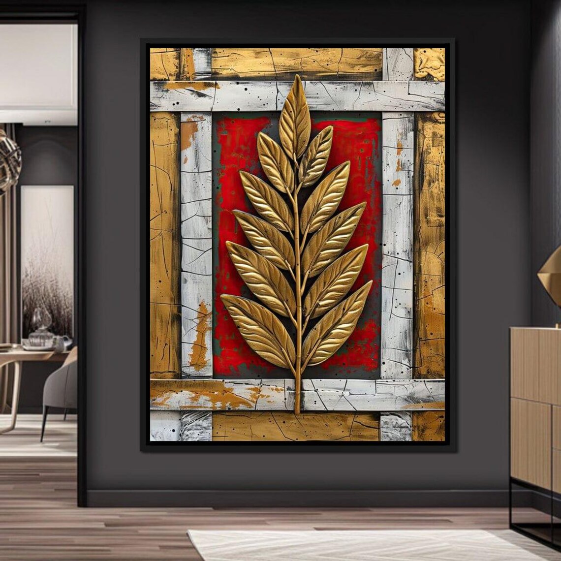 Golden Leaf Branch Red and Gold Textured Luxury Abstract Wall Art - Image 4