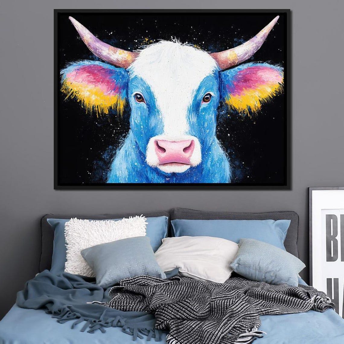Blue Cow Portrait Rainbow Ears Colorful Pop Animal Art Wall Art Poster - Image 3