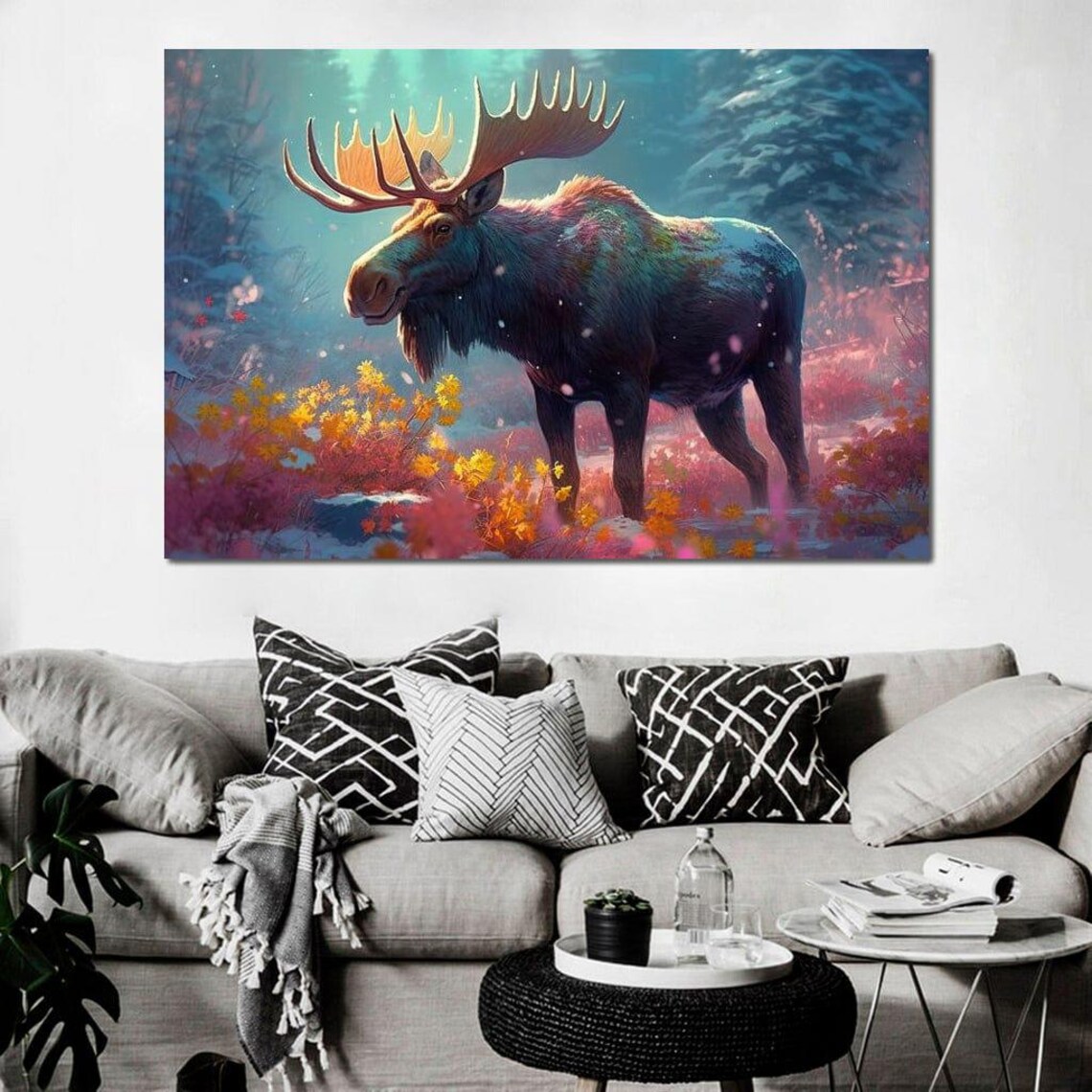 Colorful Winter Moose Majestic Antlers Dreamy Forest Wildlife Wall Art Poster - Image 3