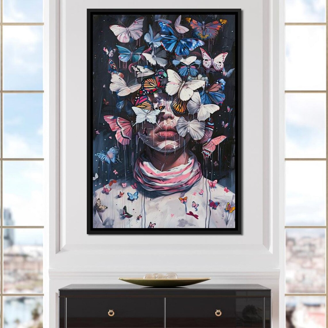 Surreal Woman Butterfly Storm Swirl Dreamy Pink Blue Portrait Poster - Image 4
