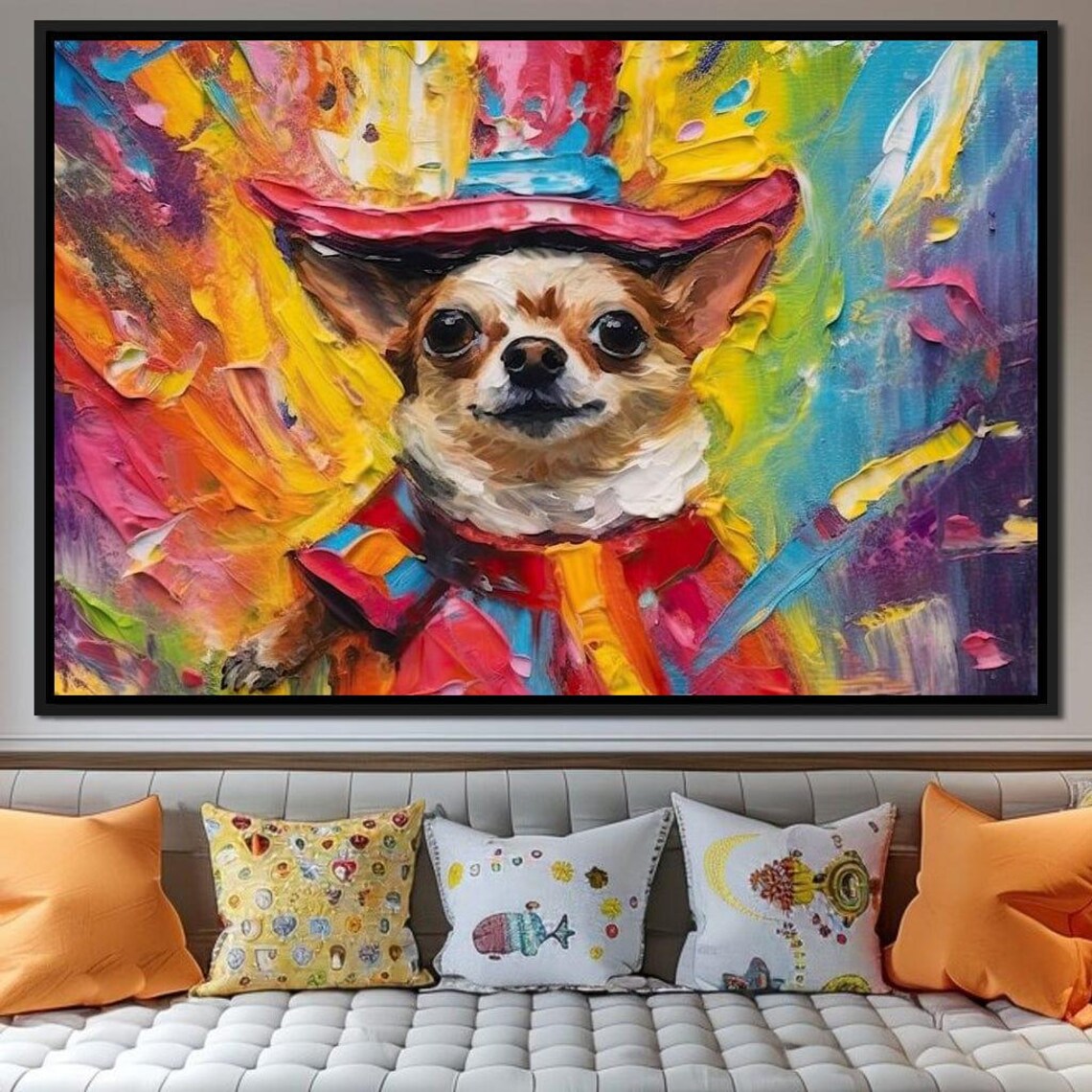 Playful Chihuahua Top Hat Colorful Pop Art Dog Painting Wall Poster