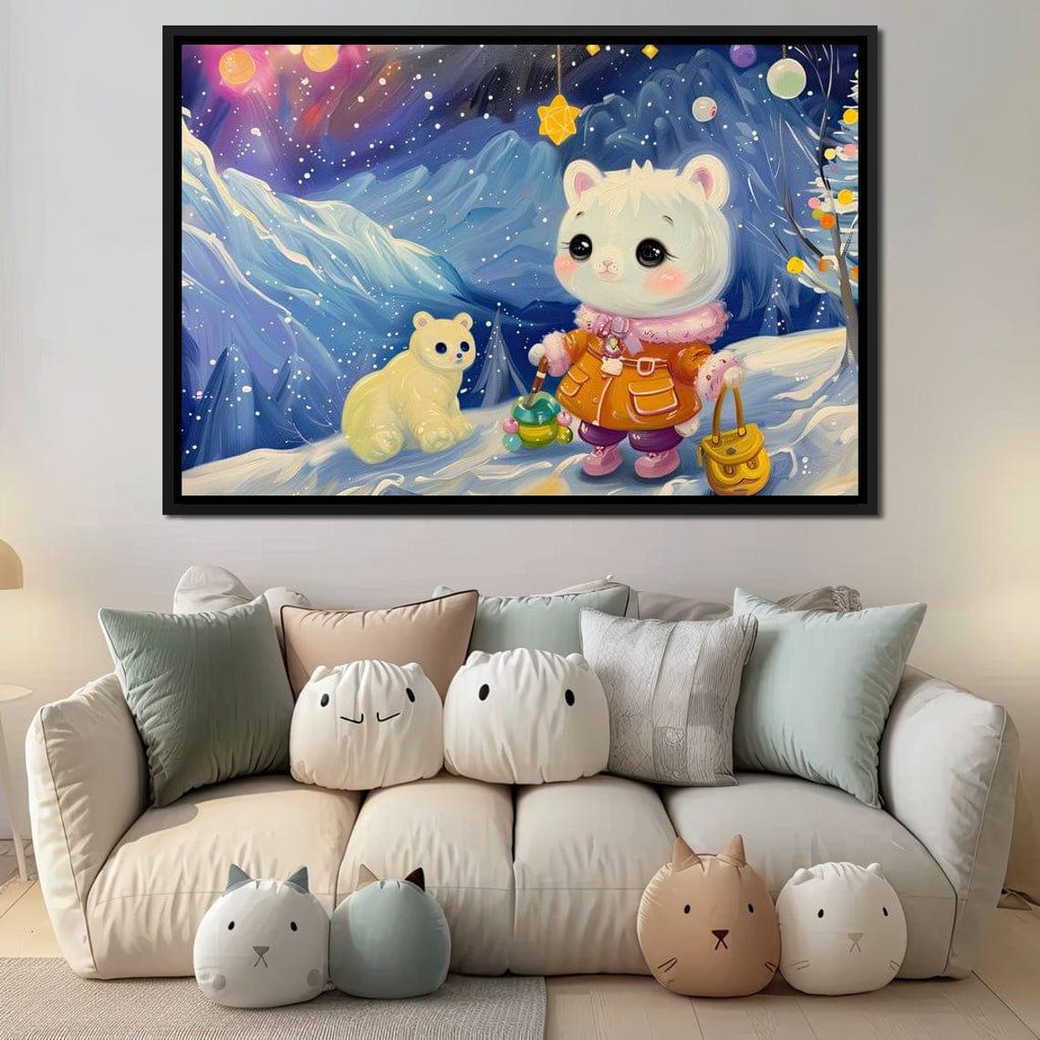 Cute Polar Bear Cub With Lantern Snowy Starry Night Kids Art Poster - Image 2