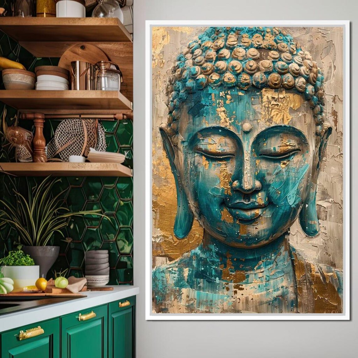 Turquoise Buddha Face Gold Leaf Texture Serene Zen Spiritual Art Poster - Image 4