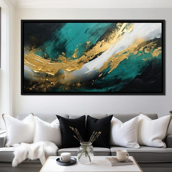 Emerald Currents With Gold Bold Abstract Wall Art Green Turquoise With Gold Accents Contemporary Decor By Nichecanvas