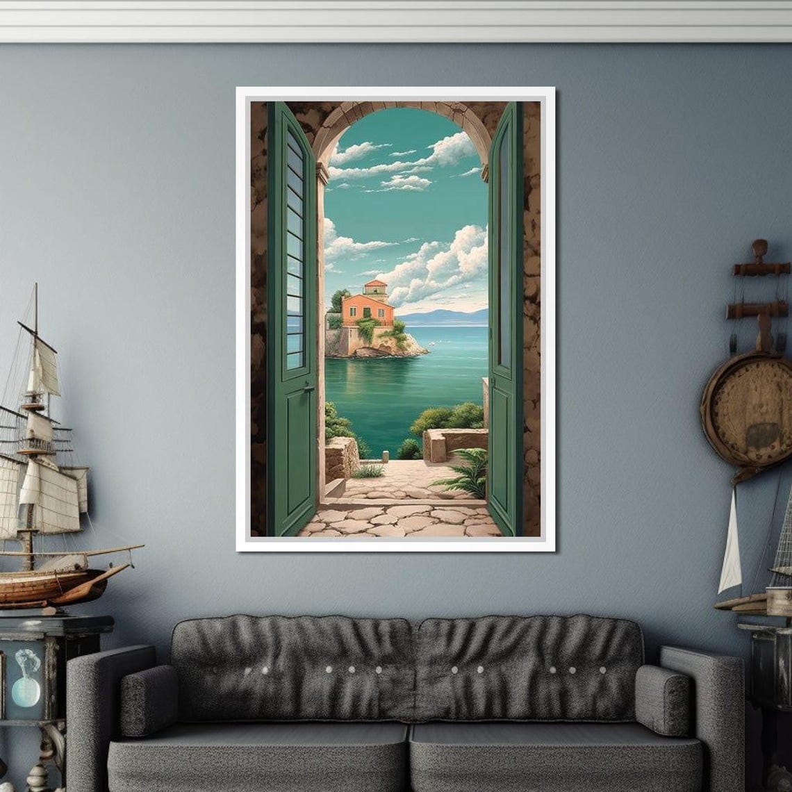 Mediterranean Island House Coastal View Through Arched Door Poster - Image 2