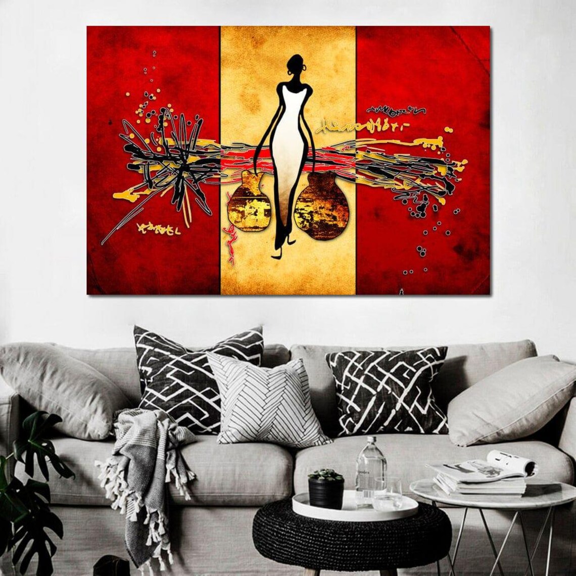 African Water Carrier Woman Bold Red Gold Silhouette Wall Art - Image 3