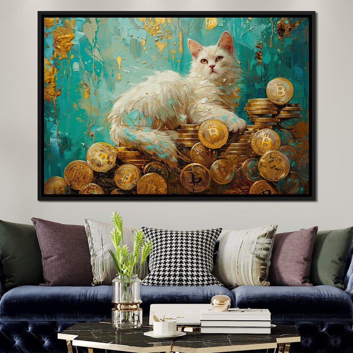 White Cat Bitcoin Gold Coins Crypto Whimsical Animal Art Poster - Image 3