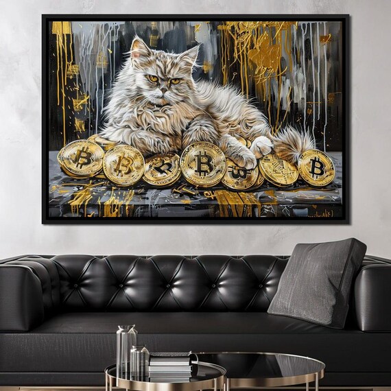 White Fortune Cat Sitting On Bitcoin Gold Coins Luxury Feline Art Print