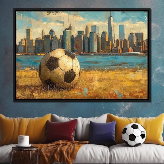 Urban Dreams Soccer Goals Bold Blue Yellow Sports Art Modern Home Decor Soccer Lifestyle Cityscape Wall Art By Nichecanvas