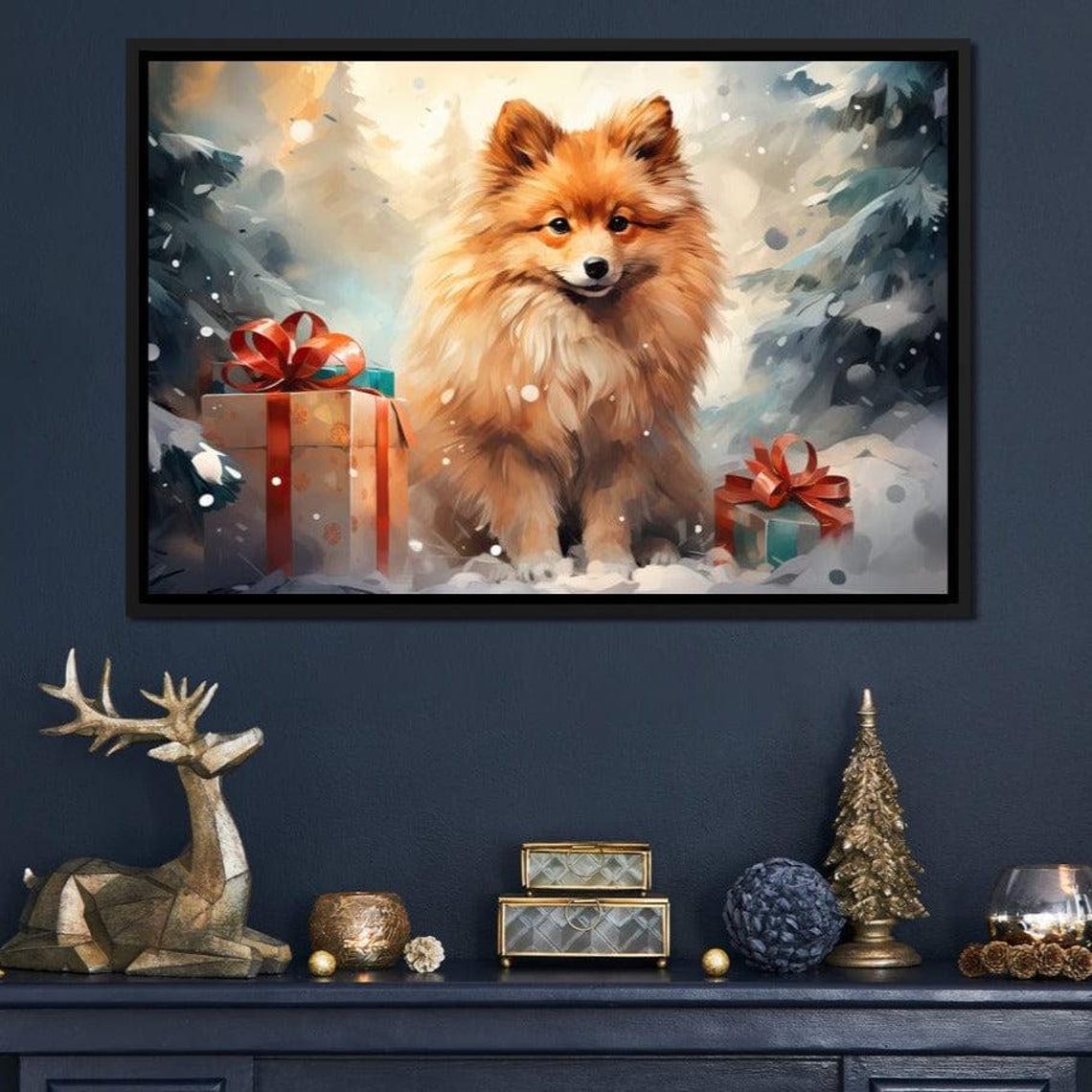 Festive Pomeranian Puppy Christmas Gifts Snowy Holiday Dog Poster