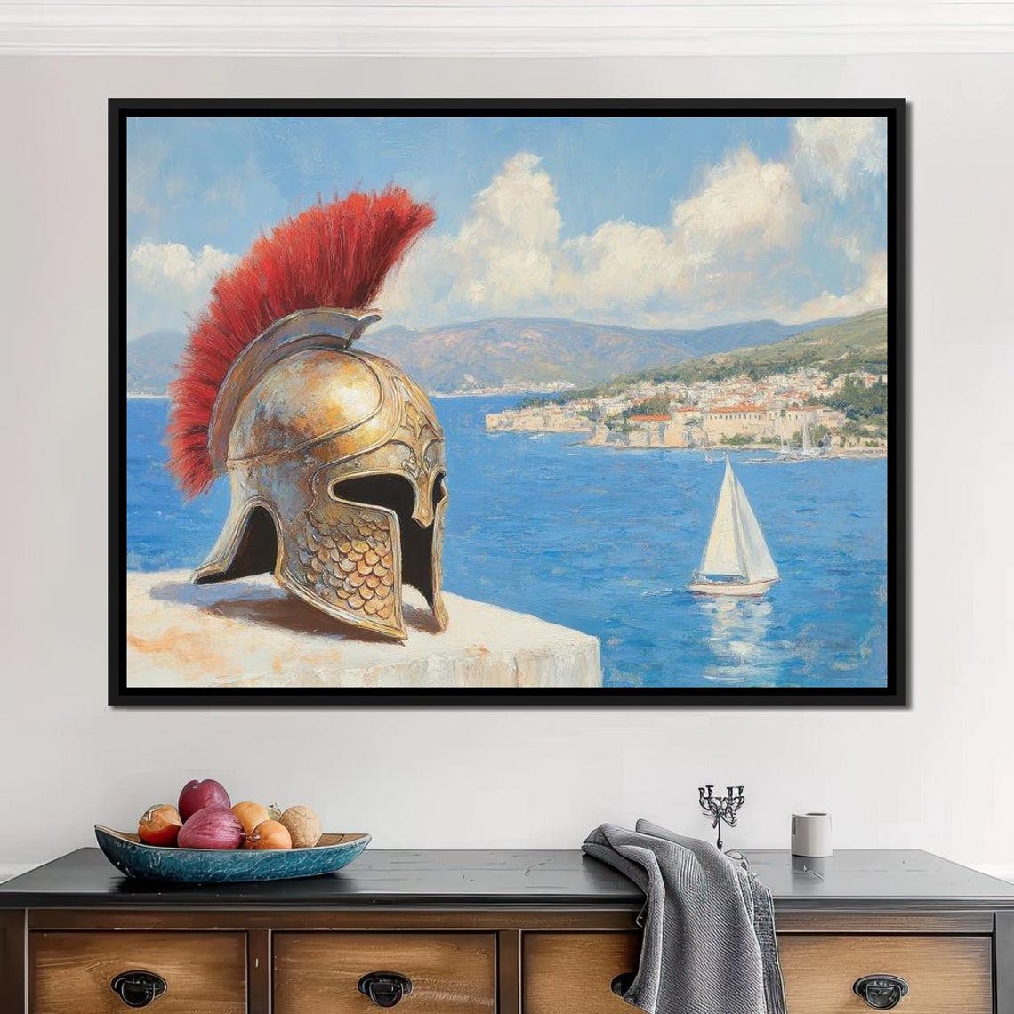 Spartan Helmet With Crimson Crest Above Blue Aegean Coastline Poster - Image 4